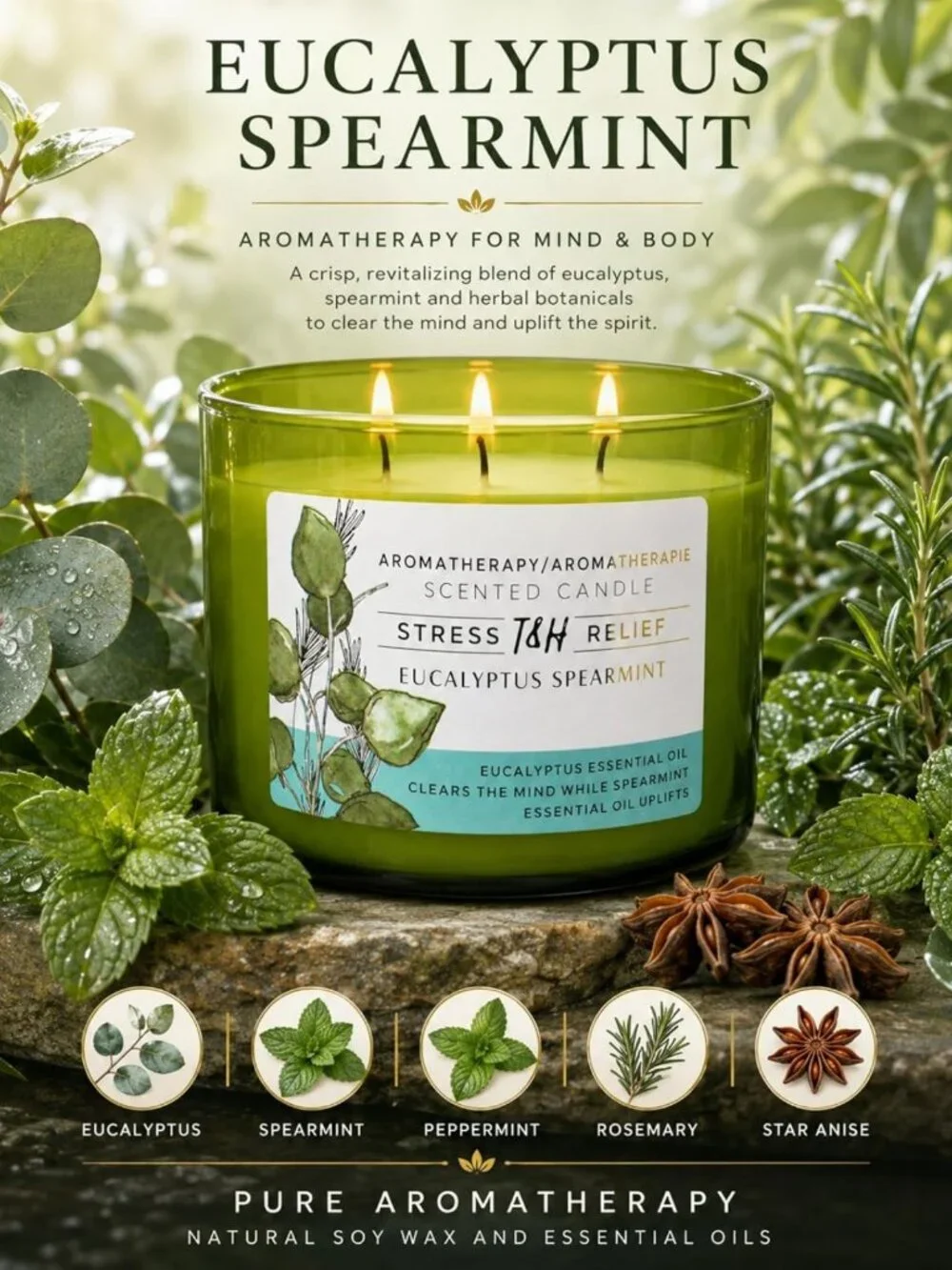 Large Eucalyptus Spearmint Soy Candle | 3 Wick Aromatherapy | Relaxation Gift